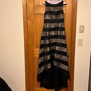 Adrianna Papell Women’s Sleeveless Striped Lace & Mikado Hi Low Gown